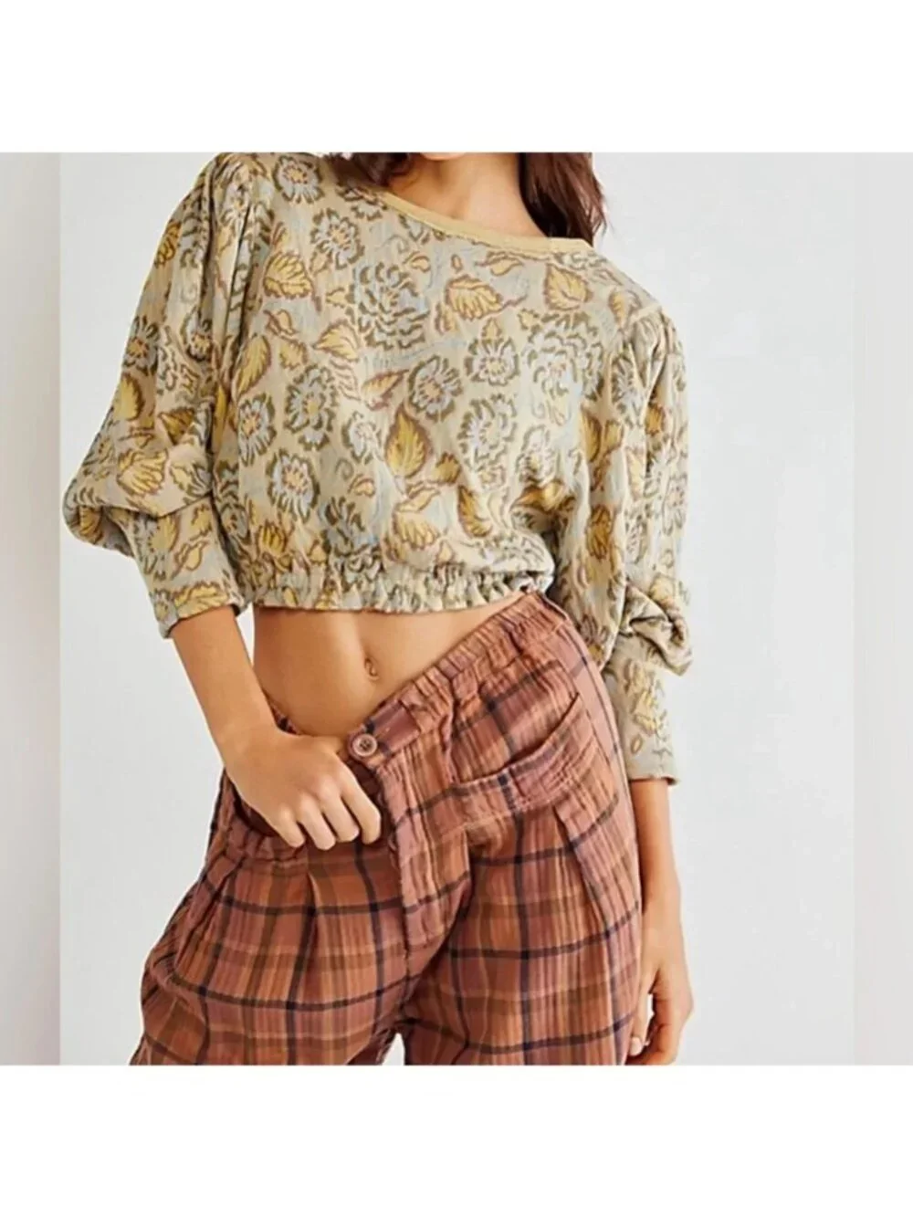 Free People No Ordinary Paisley Cottage Puff Sleeve Sweater Top Dainty Feminine